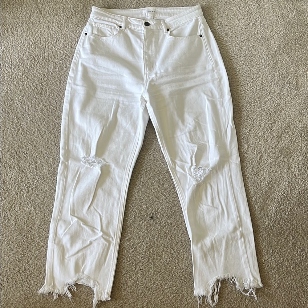 LOFT White Straight Leg Jeans with Distressed Hem
